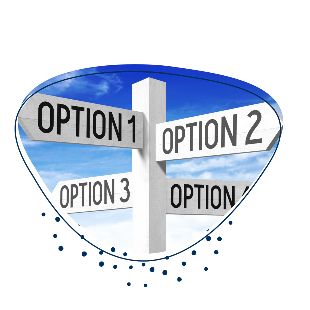 Weißer Wegweiser mit vier Wegerichtungen. Auf diesen stehen die Aufschriften: Option 1, Option 2, Option 3 und Option4