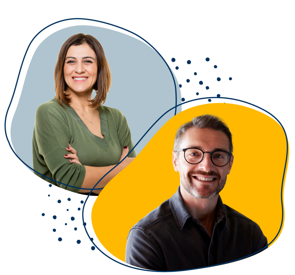 Zwei Blasen, in der sich jeweils eine Frau in grünem Hemd vor blauem Hintergrund und ein Mann in blauem Hemd vor einem gelben Hintergrund befinden.