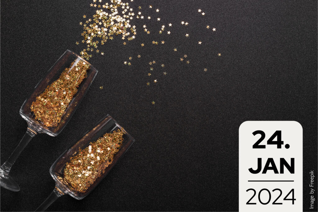 Veranstaltungsbild zum Neujahrsempfang des Netzwerk Logisitik Mitteldeutschland - zwei Sektgläser mit Glitzer auf schwarzem Untergrund