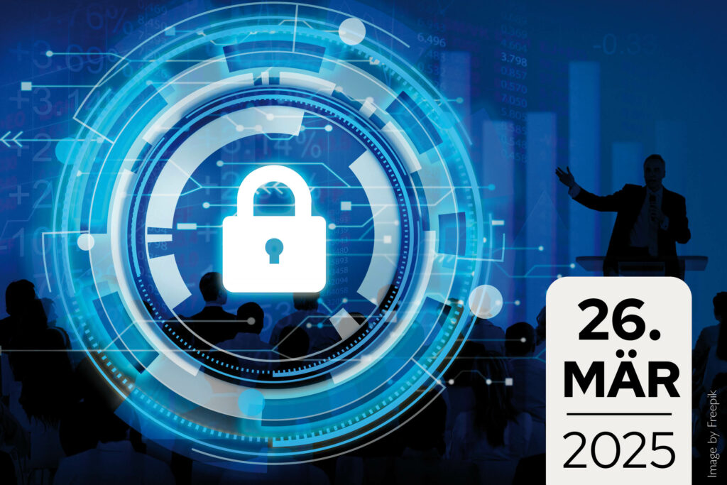 Symbolbild IT-Sicherheit: Mann zeigt auf digitales Schloss vor technischem Hintergrund. Text auf Bild: Datum als Ankündigung für den 38. Netzwerkabend IT am 36. März 2025