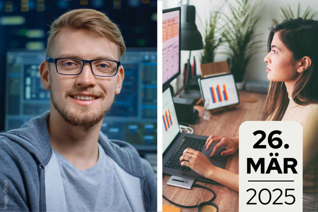 2 Fotos auf dem Titelbild zur Ankündigung des Job-Buffets für Fachinformatiker (m/w/d) und Kaufleute im E-Commerce: Abbildung zweier Personen, die die jeweiligen Berufe symbolisieren sollen.